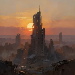 sunrise over post - apocalyptic city, cinematic lighting, artstation, oil painting