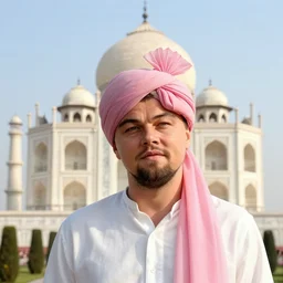 leonardo dicaprio wearing a pink turban in front of the taj mahal