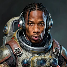 a beautiful ukiyo painting of travis scott as a dieselpunk battle space pilot, wearing space techwear, detailed close up portrait, intricate complexity, concept art, by takato yamamoto, wlop, krenz cushart. cinematic dramatic atmosphere, sharp focus, digital full likeness art. center frame