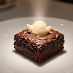 the most delicious brownie ever, beautifully presented at a fine dining restaurant, high quality photograph, a light shining down on the brownie, it is angelic, beautiful and ready to ascend to heaven