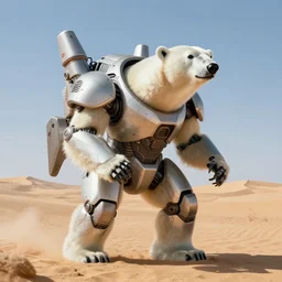 hyper realistic digital art of a polar bear piloting a mech suit in a desert.