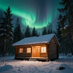 a detailed wooden hut at a clearing in the woods, snowy, light inside the hut, aurora in the sky, realistic, epic composition, epic lighting, 4 k