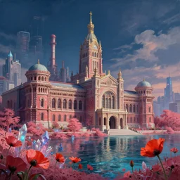 a beautiful very detailed painting of architecture city moot hall industrial architecture nature urbex by beeple, wilderness at night sunlight landscape at dusk cyberpunk infrared at dawn hyperrealism myst synthwave futuristic sea fantasy magic realism water biopunk crystal forest poppy, archdaily, wallpaper, highly detailed, trending on artstation.