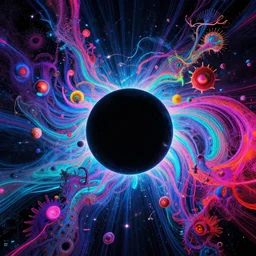 mysterious infinite interstellar black hole, quantum waves, synthwave, bright neon colors, highly detailed, cinematic, tim white, philippe druillet, roger dean, ernst haeckel, lisa frank, michael whelan, kubrick, kimura, isono