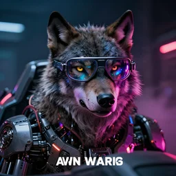 portrait of mechanical wolf with cyberpunk fpv glasses in cockpit, reflective lens, caustics, bokeh, dust, mechanical parts, neon wires, dark fur, closeup portrait, editorial photography, award winning, establishing shot, dark mood, dark sci fi, vibrant tones, cinematic