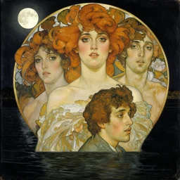 hyperrealist portrait in a black river, moonlight half body by alphonse mucha and lucian freud and bouguereau, very detailed faces