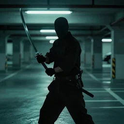 blade runner movie action still of a silhouetted yakuza holding out a long katana, in an underground parking garage, rack focus, close establishing shot, monochromatic teal, dark teal lighting, soft dramatic lighting, 4 k digital camera