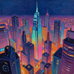 cyberpunk city, painted by Danny Flynn and Kevin Wasden,trending on artstation, simple lighting camera view from above,Eraserhead ,vaporwave ,60s kitsch and psychedelia ,oil and canvas ,Blade Runner 2049 ,