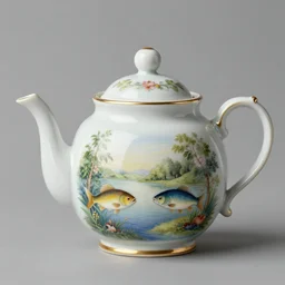 beautiful porcelain. teapot. scene with fish, lowbrow, matte painting, 3 - d highly detailed, in the style of thomas kinkade,