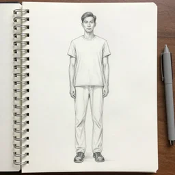 notebook full body pencil drawing of a clothed man, full body