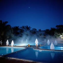 night sky with stars, people in ghost costumes, vintage swimming pools, lush fog, deep blue mood, contemporary archival color photograph print from the original negative, cinematic
