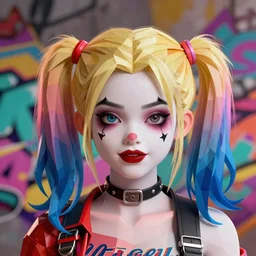 digital art, low poly 3d render of Harley Quinn but she's a beautiful ape kid with long pony tails on either side of her head, illustration, by James Jean, artgerm, octane render, by John Coltrane and Marc Simonetti, Manic, graffiti, kinemacolor, colorful, high detail of the face
