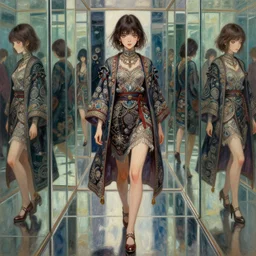 beautiful girl in intricate clothing walking through a hallway of mirrors, very high intricate details, painting, digital anime art, medium shot, mid - shot, reflections, wlop, ilya kuvshinov, artgerm, krenz cushart, greg rutkowski, sana takeda