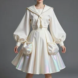 designer anime stylized figure haute couture collection light textiles, body fitted dart manipulation, loose coat collar sailor uniform, midi skirt, stylized dynamic fold manipulation pleats shaping synthetic curves, pearl gradient scheme, holographic tones, striking pose, cute huge pockets, intriguing volume flutter, youthful, modeled by modern designer bust, expert composition, professional retouch, editorial photography
