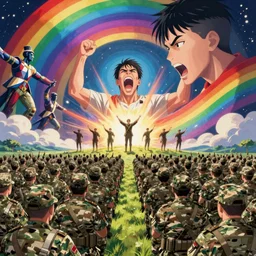 a zoomed out panoramic view an army of rainbow soul calvary screaming into the abyss. hyperrealistic anime background illustration by kim jung gi, colorful, extremely detailed intricate linework, smooth, super sharp focus, bright colors, high contrast, matte, octopath traveler, unreal engine 5 highly rendered, global illumination, radiant light