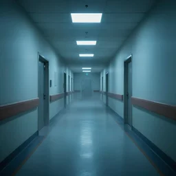 endless high detailed symetric hospital hallway with a little bit of a creepy ambiance with small amounts of fog on the floor with blueish lights