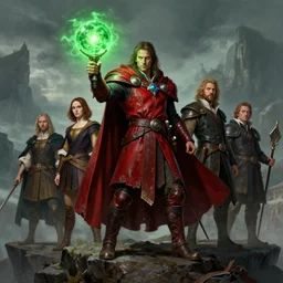Stalwart david cross warlock mage of the northern winds wearing a red leather cape brandishing a glowing green orb whilst standing on a cliff leonardo da vinci Jean Sebastien Rossbach jana schirmer jeff simpson greg staples