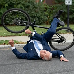 full body shot ultra realistic photo of joe biden falling off of his bike, film, perfect face, in the style of a candid photo, perfect face