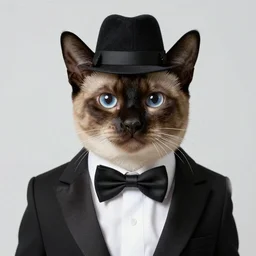 Siamese cat dressed as mobster, photorealistic, 4K HD