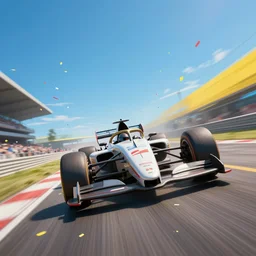 cinematic low wide angle shot worms eye view of a realistic futuristic vehicle racetrack winners with confetti on a sunny day with a clear blue sky angled up, cyberpunk, dolly zoom, digital painting, illustration, good value control, vibrant colors, rule of thirds, golden ratio, horizon line focus, sharp focus, 8 k, fourze, realistic textures, f zero, speed racer