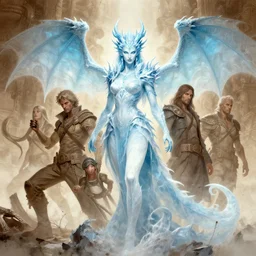 portrait of the ice dragon queen athey, greg rutkowski, greg toccini, james gillard, joe fenton, kete butcher, dynamic lighting, gradient light blue, brown, light cream and white colors, grunge aesthetics, detailed and complex environment