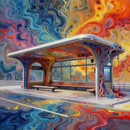 a beautiful insanely detailed modern bus station surounded by intricate detailed color smashing fluid oilpaint, 3 d render, hyper realistic detailed, sharp, melting wax, fluid acrilic, thin fractal tendrils, intense colors, scifi, fantasy, hyper detailed, octane render, concept art, by peter mohrbacher, by wlop, by ruan jia