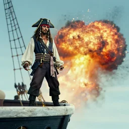 a pirate standing on the edge of the ship, big explosion on the background, dramatic atmosphere