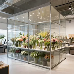 interior design of flower shop, labotory concept, steel and glass, modernism