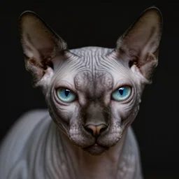 photographic portrait of a wrinkly suspicious hairless cat face