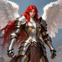 a epic illustration of a tall female warrior with massive plate armour by Stanley Artgerm Lau, Diego Gisbert Llorens, Mark Brooks, Charlie Bowater, no helmet, big white glowing wings, long red hair, very detailed face, insanely detailed and intricate, vivid and vibrant, highly detailed, cinematic lighting, concept art, artstation