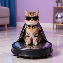 cat wearing sunglasses, cat sitting on top of roomba, reflective marble floor, disco party lights, ray - ban glasses, cape
