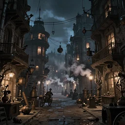 steampunk city streets at night by jean-honore fragonard, junk everywhere, wires hanging, steam, trending on artstation