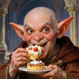 closeup face portrait of a medieval goblin eating cakes in the cloisters, hyung tae, frank frazetta, hyper realistic, artstation, illustration, digital paint, matte paint, vivid colors, bright, cheerful, detailed and intricate gothic environment