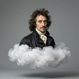 portrait of charles baudelaire floating in a cloud over paris