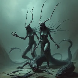 fishtail human sirens, dark creatures, carcasses, character design, detailed rendering, realistic smooth detailed art, complex lines, concept art, scene art, panorama, by arsen asyrankulov.