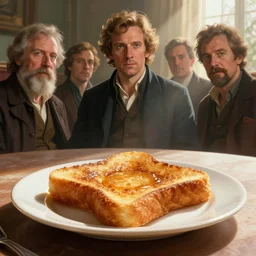 cinematic shot epic portrait an french toast on a table, sunny, crispy, broad light, ambient occlusion, volumetric light effect, made by ivan aivazovsky, peter mohrbacher, greg rutkowski, matte painting, trending on artstation, 4 k, perfectly defined features, digital painting, cinematic, epic, highly detailed,