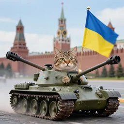photo of a ukrainian cat driving a tank with the flag of ukraine and attacking the kremlin