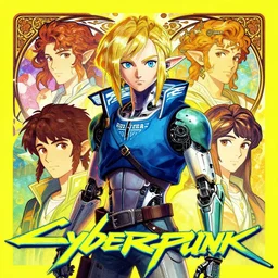 cyberpunk link from zelda!! cyborg portrait illustration, pop art, splash painting, art by geof darrow, ashley wood, alphonse mucha, makoto shinkai