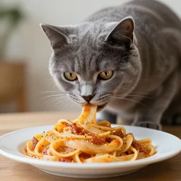 grey cat eating a plate of pasta photographed