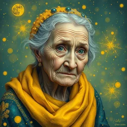 maximalist old ukrainian woman!!!! fully covered in yellow and blue glimmering galaxies!!!, disarming, enchanting, fragile, hopeful, cloudcore, portrait, gapmoe yandere grimdark, trending on pixiv fanbox, painted by makoto shinkai takashi takeuchi studio ghibli, akihiko yoshida