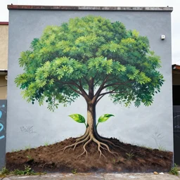 the tree sprouting from the soil as graffiti mural by lee, hyperrealism, photo realistic, masterpiece, trending on artstation