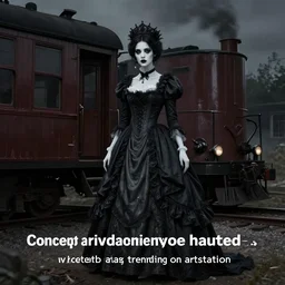 “concept art of ghost woman in Victorian gown on haunted train, trending on artstation”