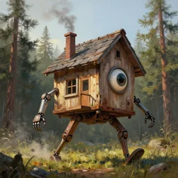 a living walking mechanical wood house with mechanical legs, one big eye, smoky chimney, rust, hyperrealistic, highly detailed, cinematic, single ray of sun, morning, pareidolia, dynamic composition, gravity falls style, beautiful, pine trees in the background, cgssociety, artstation, 8 k, oil painting