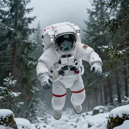 portrait shot of space astronaut with spacesuit flying in weightlessness inside massive green pines snowy forest. small foggy and gloomy, red lights, bokeh background, highly detailed science fiction illustration. photorealistic, movie still