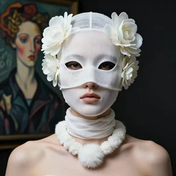 a futuristic portrait by mask made o white gauzes and latex and plastic flowers, white fur necklace made by gauzes twisted aroundf neck, design by leonardo davinci, inspired by egon schiele, balenciaga, modern art, baroque art jewelry, new classic, fashion design, photorealistic, hyper realistic, cinematic composition, cinematic lighting, fashion design, concept art, 8 k