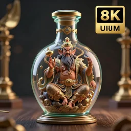 The great genie in the bottle demonstrates his power to his new owner. Intricate details, photo realistic, award winning, dramatic lighting, award winning, depth of field, UHD 8K. Rendered with autodesk arnold unreal engine octane render Lumion Blender Maxwell.