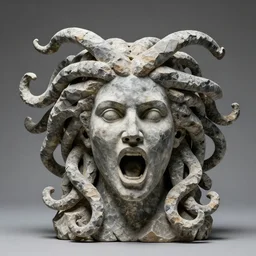 screaming medusa head, scuplture made of rocks