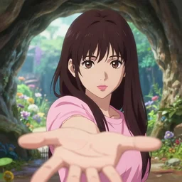 a girl in pink extended her arm, background of the cave entrance where can see a beautiful garden | very very anime!!!, fine - face, audrey plaza, realistic shaded perfect face, fine details. anime. very strong realistic shaded lighting poster by ilya kuvshinov katsuhiro otomo ghost, magali villeneuve, artgerm, jeremy lipkin and michael garmash and rob rey