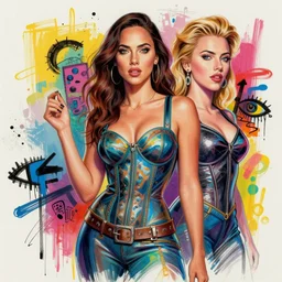 colorful sketch, ultra detailed, fashion, magic, beautiful woman, appearance of gal gadot and scarlett johansson, surreal, in style of jean - michel basquiat, trending on artstation