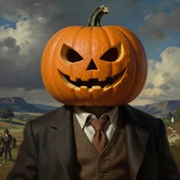 pumpkinhead in the style of wayne barlowe, gustav moreau, goward, bussiere, roberto ferri, santiago caruso, luis ricardo falero, dali